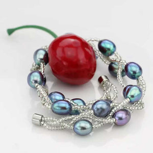 Silver Bracelet with Pearls on three strands "Luguana" (Peacock)