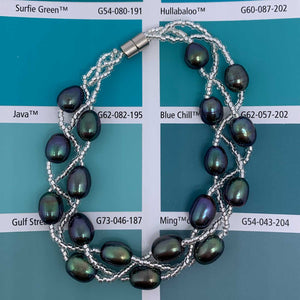 Silver Bracelet with Pearls on three strands "Luguana" (Peacock)