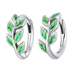 925 Sterling Silver Hoop Green Leaf Earrings "Beryl"