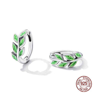 925 Sterling Silver Hoop Green Leaf Earrings "Beryl"