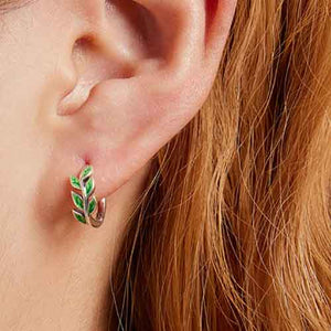 925 Sterling Silver Hoop Green Leaf Earrings "Beryl"