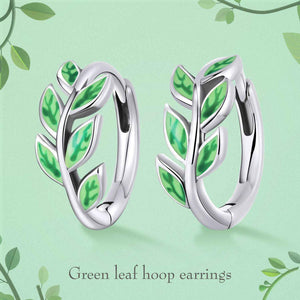 925 Sterling Silver Hoop Green Leaf Earrings "Beryl"