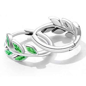 925 Sterling Silver Hoop Green Leaf Earrings "Beryl"