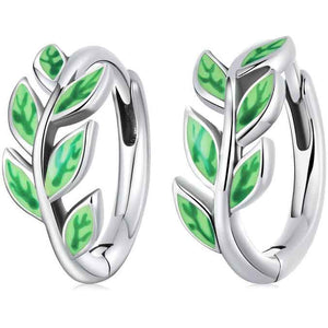 925 Sterling Silver Hoop Green Leaf Earrings "Beryl"