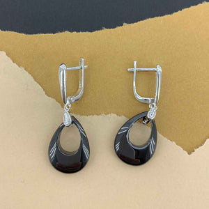 925 Sterling Silver Drop Earrings with Black Zirconium Ceramic Stone "Caledonia"