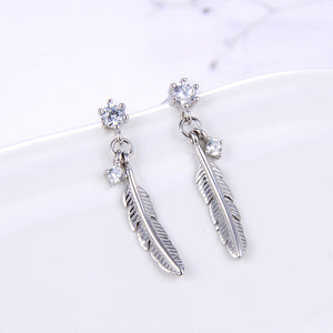 925 Sterling Silver Feather Drop Earrings "Raven" (Crystal)