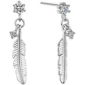 925 Sterling Silver Feather Drop Earrings "Raven" (Crystal)