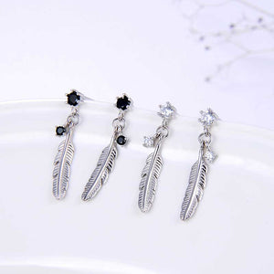 925 Sterling Silver Feather Drop Earrings "Raven" (Crystal)