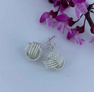 silver knot stud earrings pink flowers
