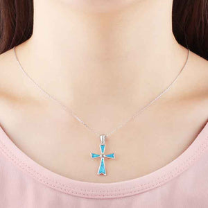 925 Sterling Silver Cross Blue Opal Necklace "Ripeka" (Blue)