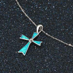 925 Sterling Silver Cross Blue Opal Necklace "Ripeka" (Blue)