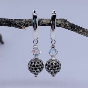 silver drop huggie earrings with Swarovski crystals by Frenelle jewellery