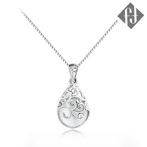 925 Sterling silver necklace with pear shape cat eye stone "Trinity" (White)