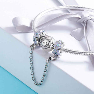 safety chain charm silver lilac flowers