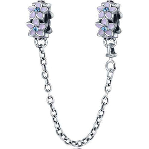 safety chain charm silver lilac flowers