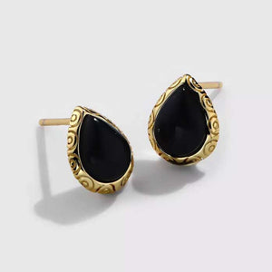 black onyx stud gold earrings women