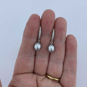 grey pearls silver huggie earrings