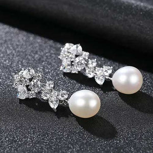 white pearl drop silver earrings bridal