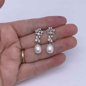 white pearl drop silver earrings bridal