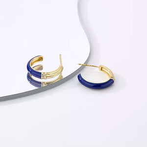 gold hoop blue enamel earrings women