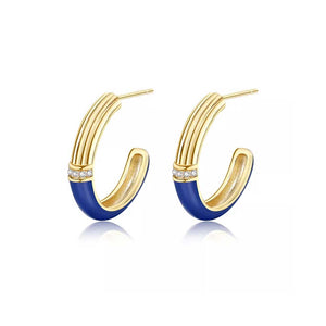 gold hoop blue enamel earrings women