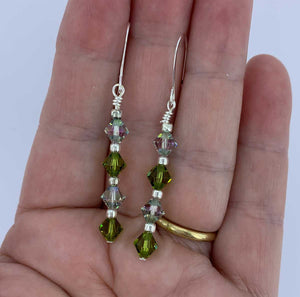 green crystal drop silver earrings