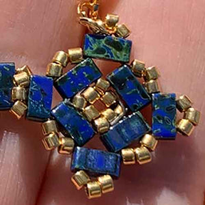 gold blue tila delica beaded earrings