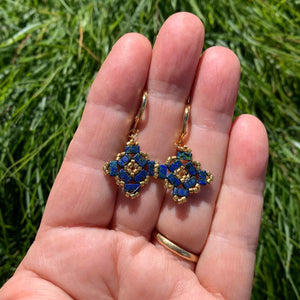 gold blue tila delica beaded earrings