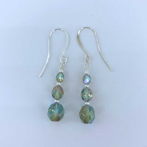 green crystal drop silver earrings