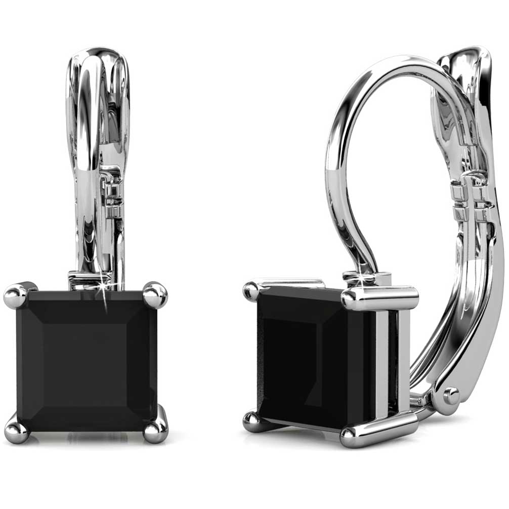 18K White Gold Leverback Crystal Earrings "Tipene" (Black)