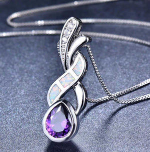 necklace silver crystal opal purple