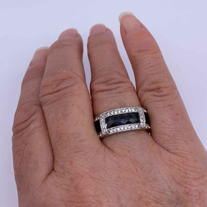 black and silver crystal dress ring hand