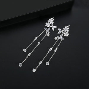 Silver Crystal Tassel Drop Earrings "Bali"