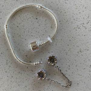 925 Sterling Silver Safety Chain Charm - Lilac Flowers