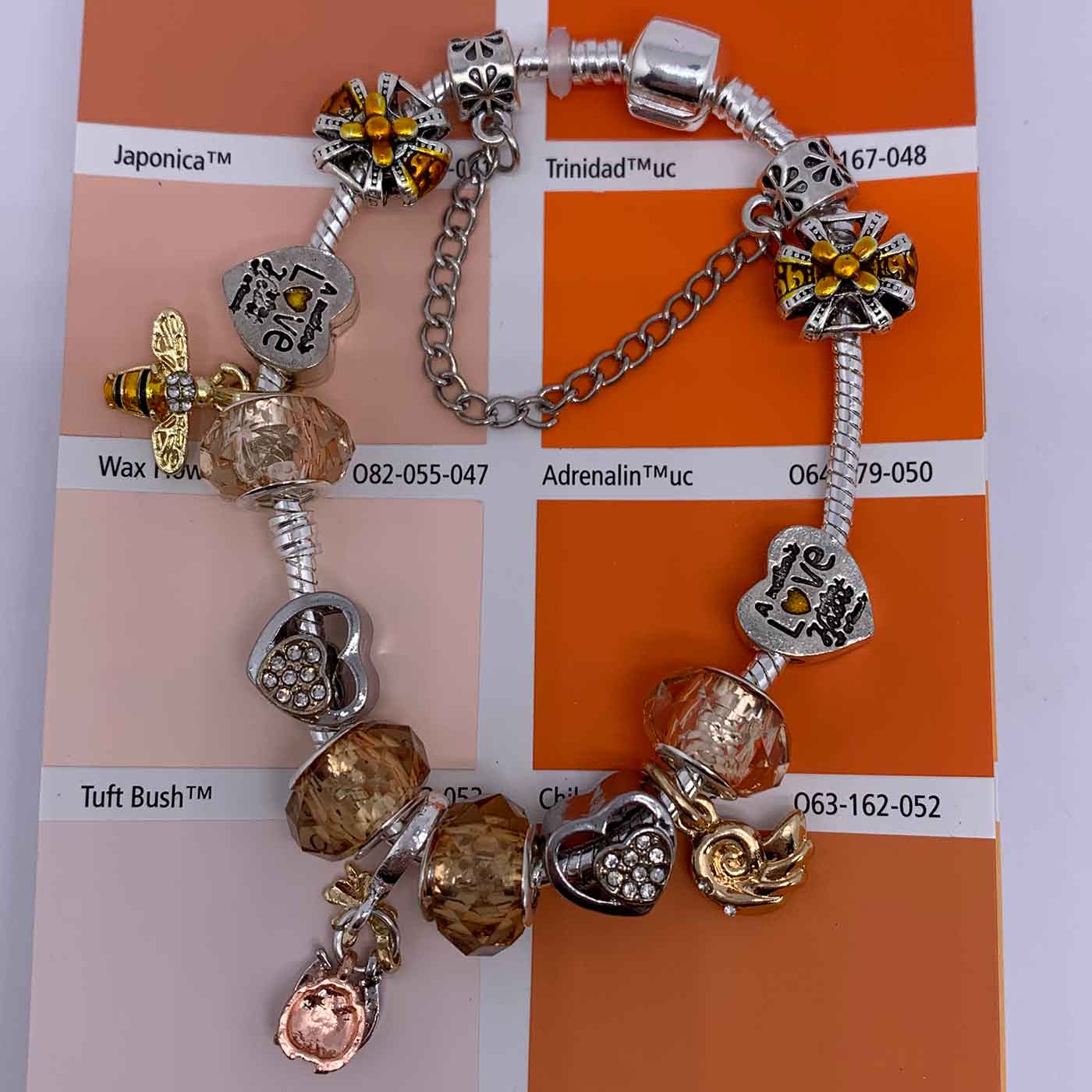 Silver Charm Bracelet with 13 free Charms "Crown and Bee"