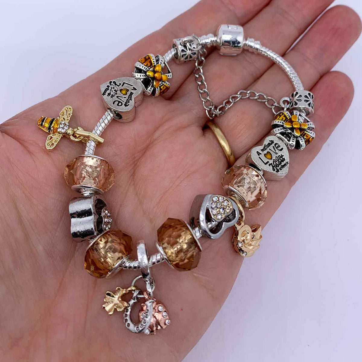 Silver Charm Bracelet with 13 free Charms "Crown and Bee"