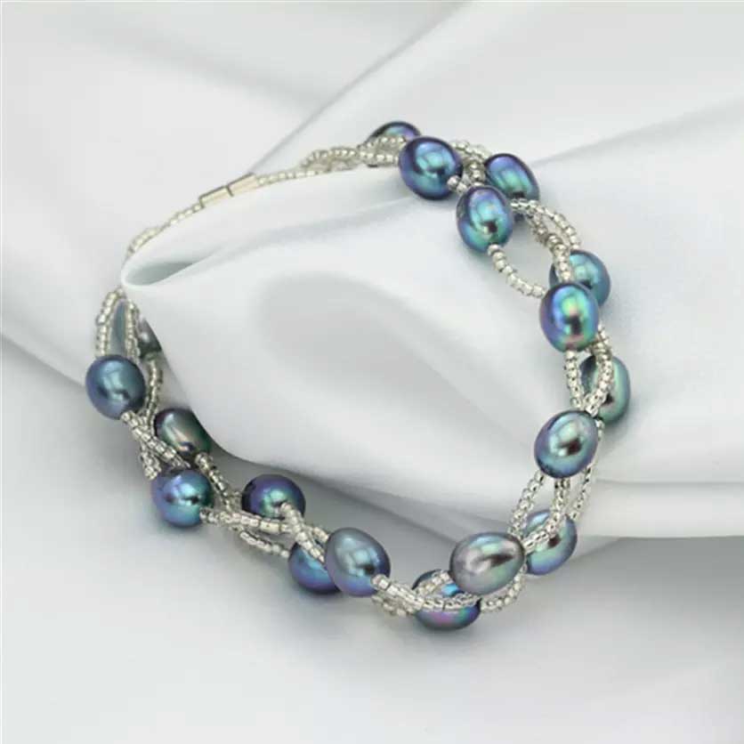 Silver Bracelet with Pearls on three strands "Luguana" (Peacock)
