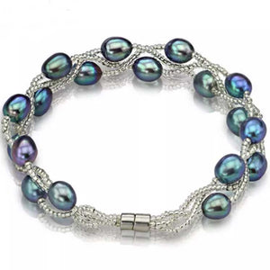 Silver Bracelet with Pearls on three strands "Luguana" (Peacock)