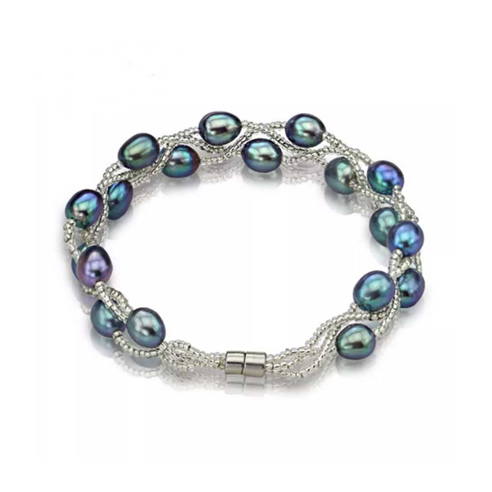 Silver Bracelet with Pearls on three strands "Luguana" (Peacock)