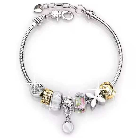 white pearl silver charm bracelet