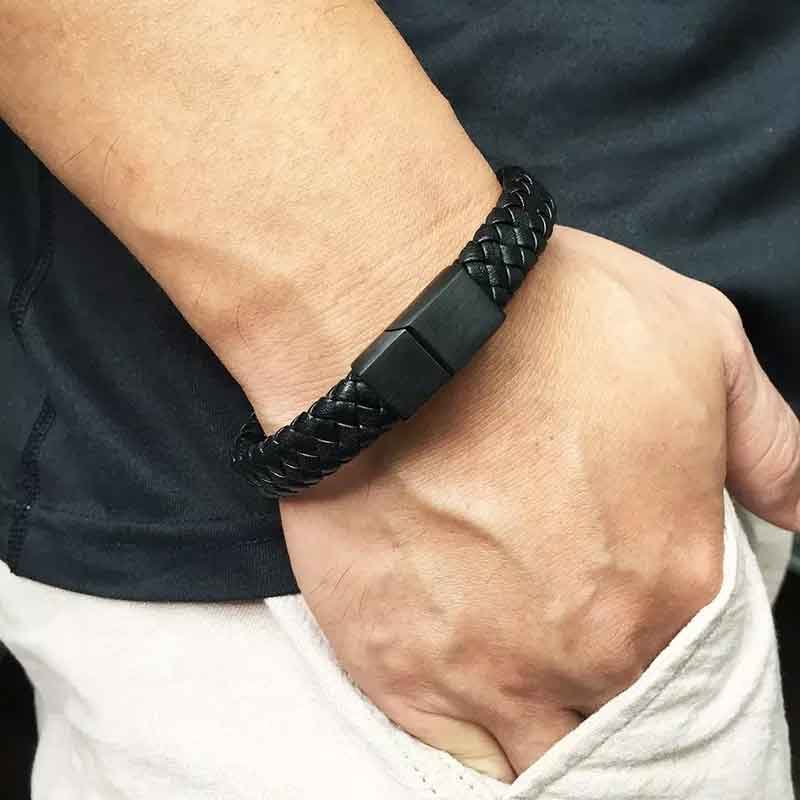 Black Leather Woven Bracelet "Trent"