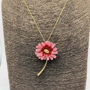 pink gerbra flower brooch on gold chain