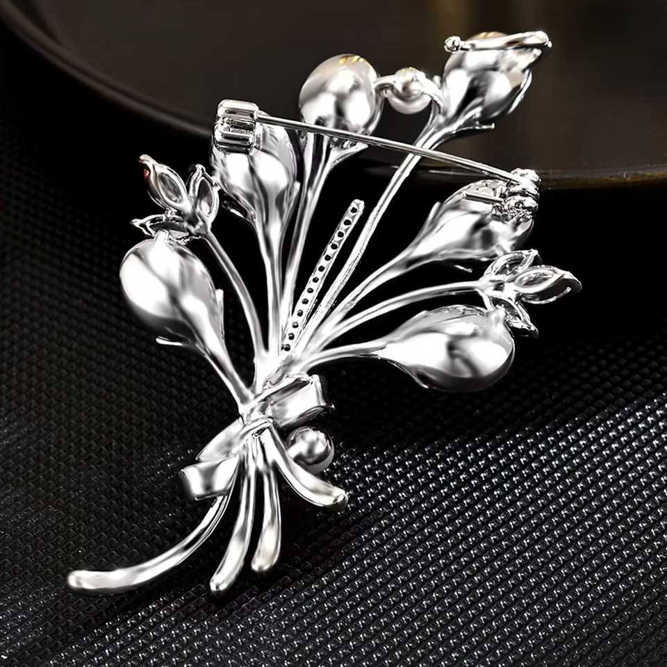 blue flower spray brooch back view