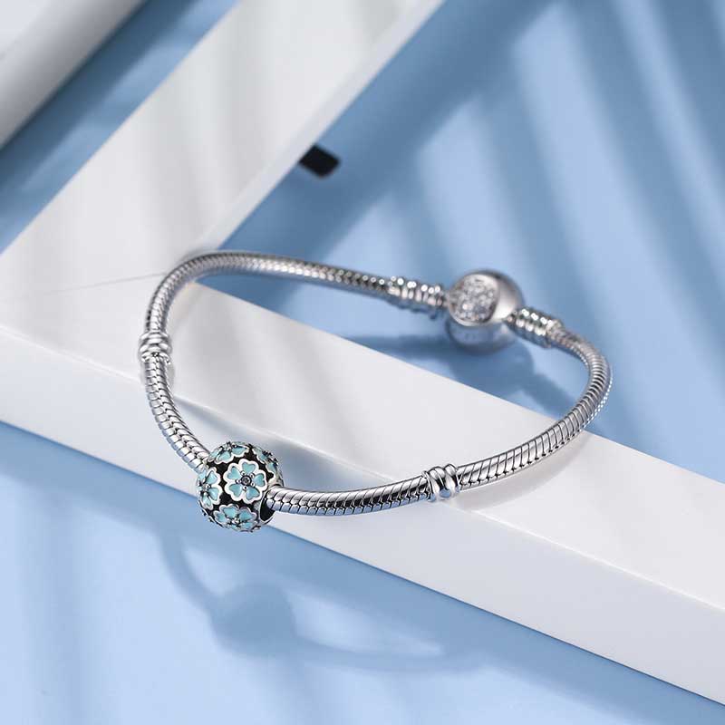 925 Sterling Silver Charm with Blue Flowers