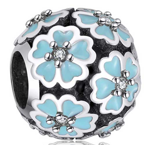925 Sterling Silver Charm with Blue Flowers