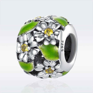 925 Sterling Silver Green Leaves and Flowers Charm