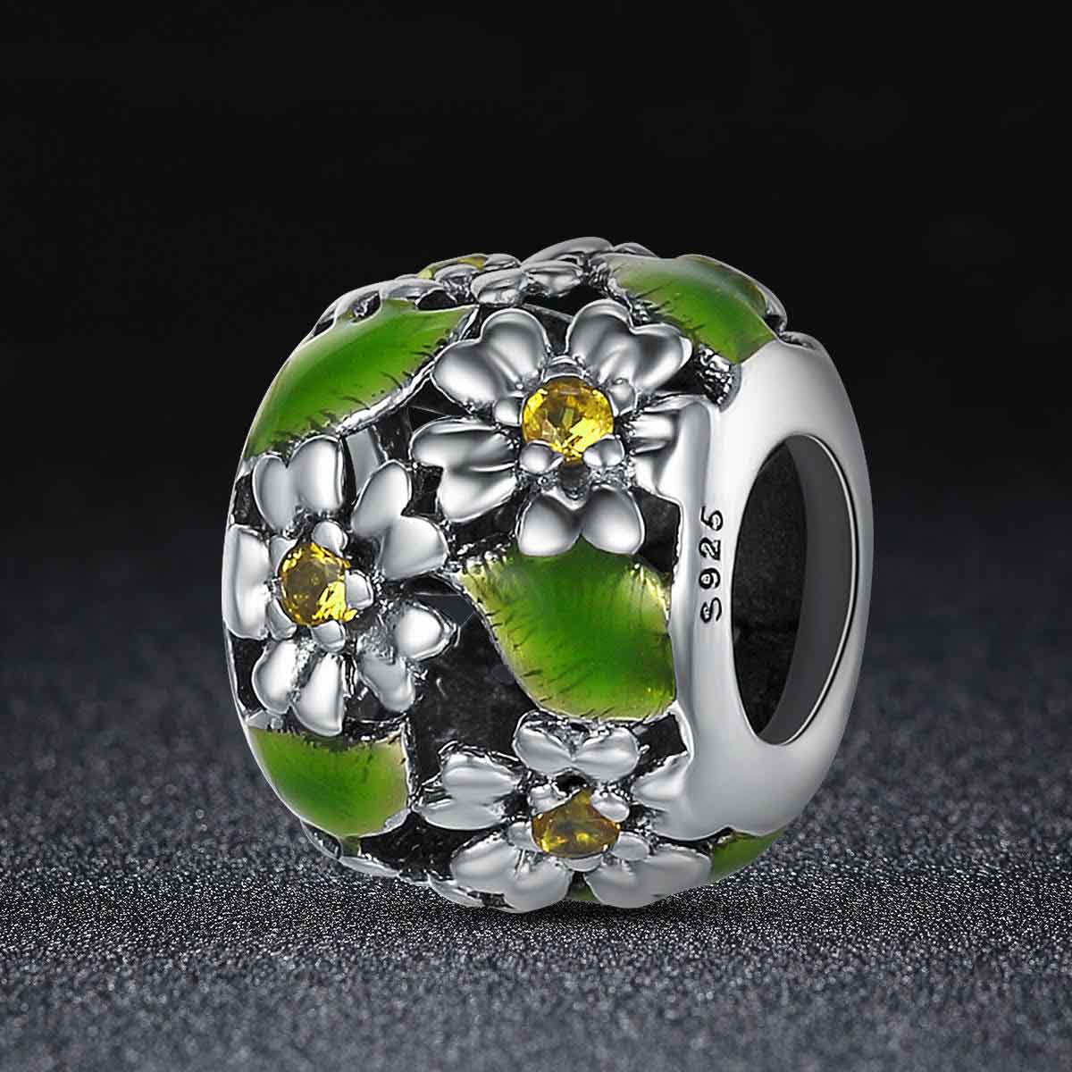 925 Sterling Silver Green Leaves and Flowers Charm