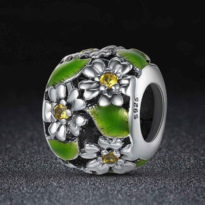 925 Sterling Silver Green Leaves and Flowers Charm