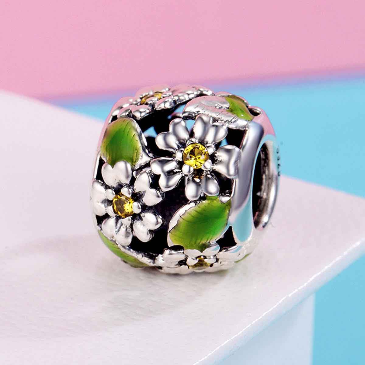 925 Sterling Silver Green Leaves and Flowers Charm
