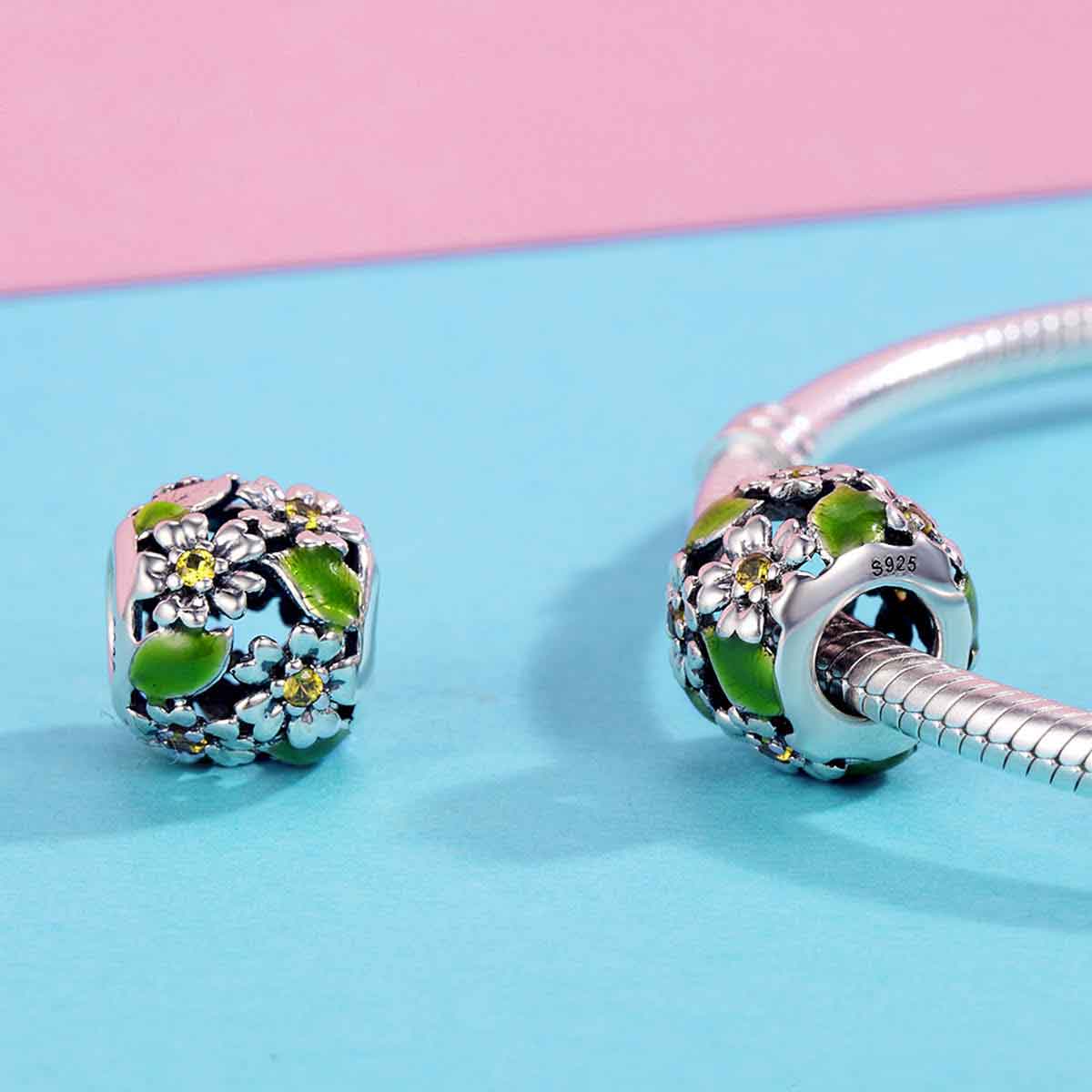 925 Sterling Silver Green Leaves and Flowers Charm
